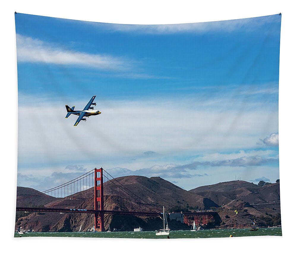 Fat Albert Tapestry featuring the photograph Fat Albert Flying Over Bay by Bonnie Follett
