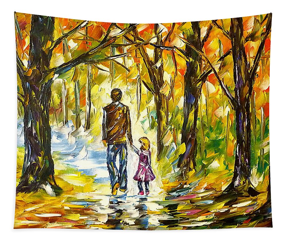 Forest Painting Tapestry featuring the painting Father With Daughter In The Forest by Mirek Kuzniar
