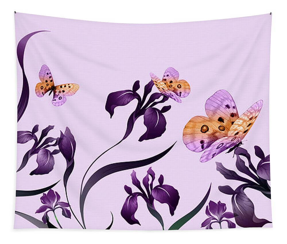 Birthday Tapestry featuring the digital art February Birthday Purple Iris with Butterflies by Doreen Erhardt
