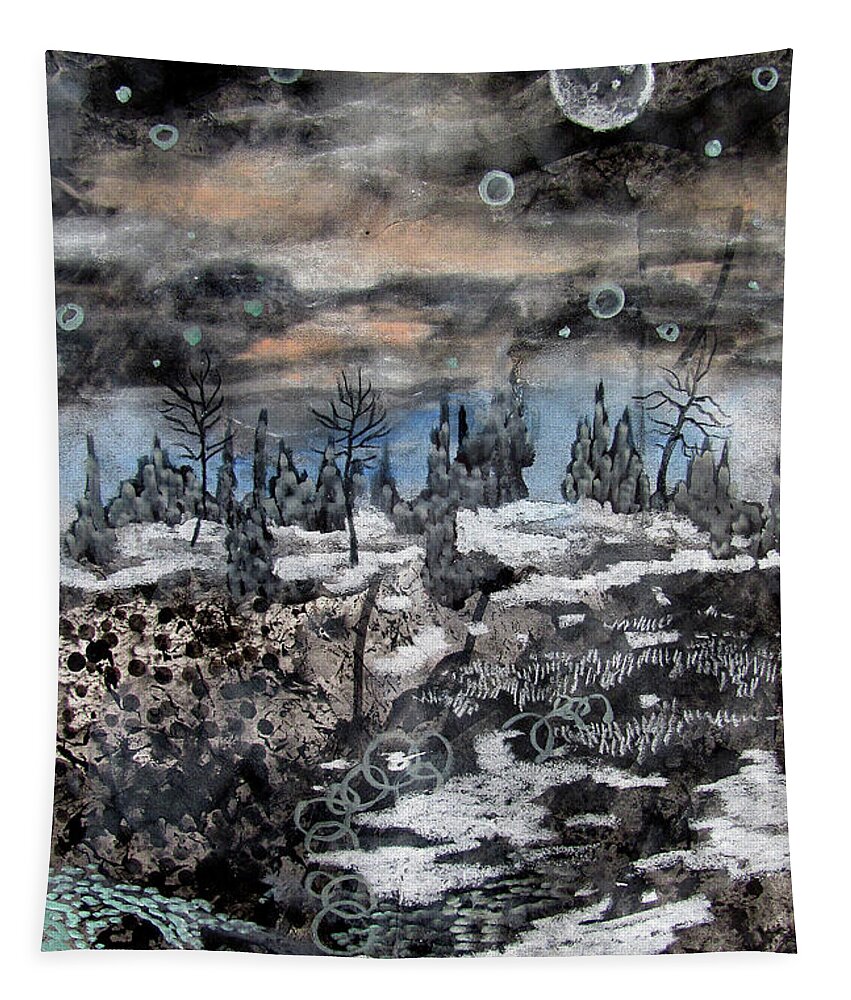 Landscape February Scene Winter Snow Landscape Nature Trees Moon Transcendental Meditation Calm Peaceful Serene Tranquil Drawing Tapestry featuring the drawing February Moonspell by James Huntley