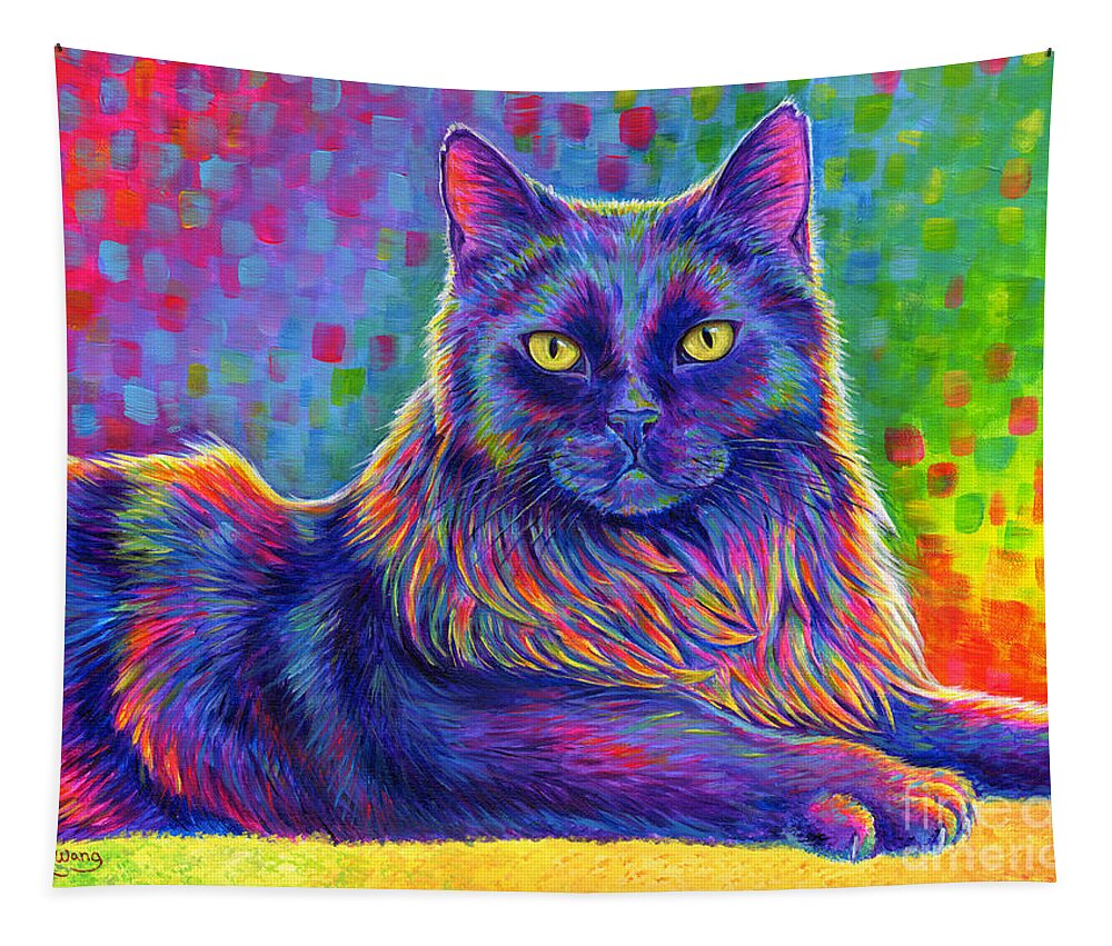 Cat Tapestry featuring the painting Psychedelic Rainbow Black Cat - Felix by Rebecca Wang