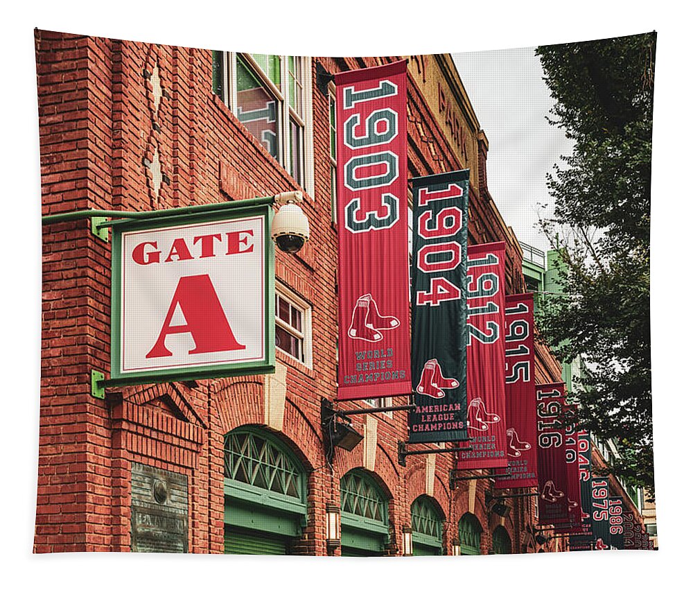 America Tapestry featuring the photograph Fenway Park Championship Banners Along Jersey Street by Gregory Ballos