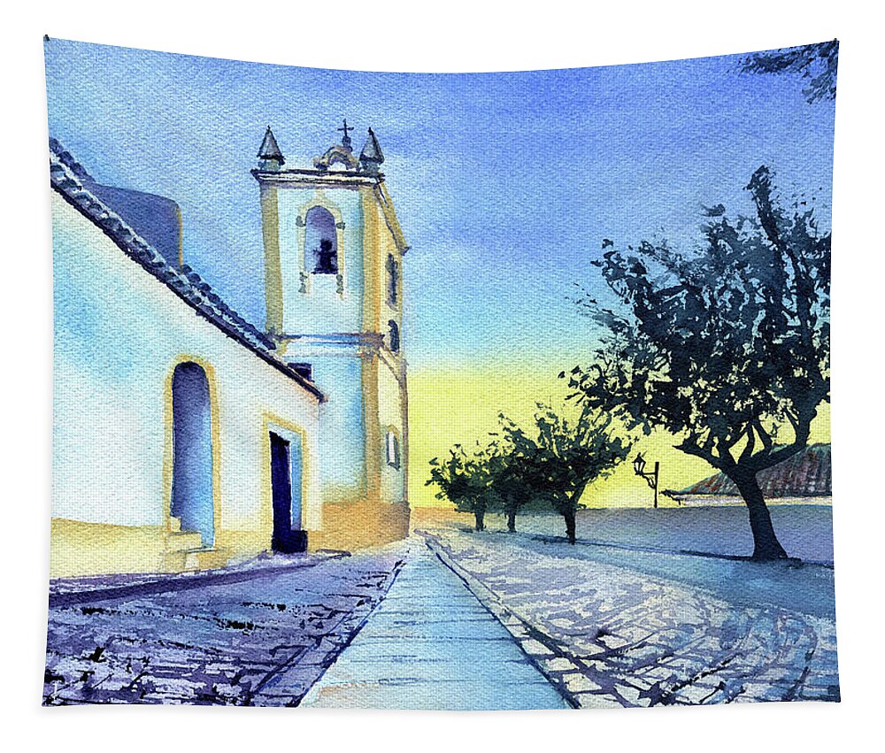 Portugal Tapestry featuring the painting Ferragudo Church Algarve Portugal by Dora Hathazi Mendes