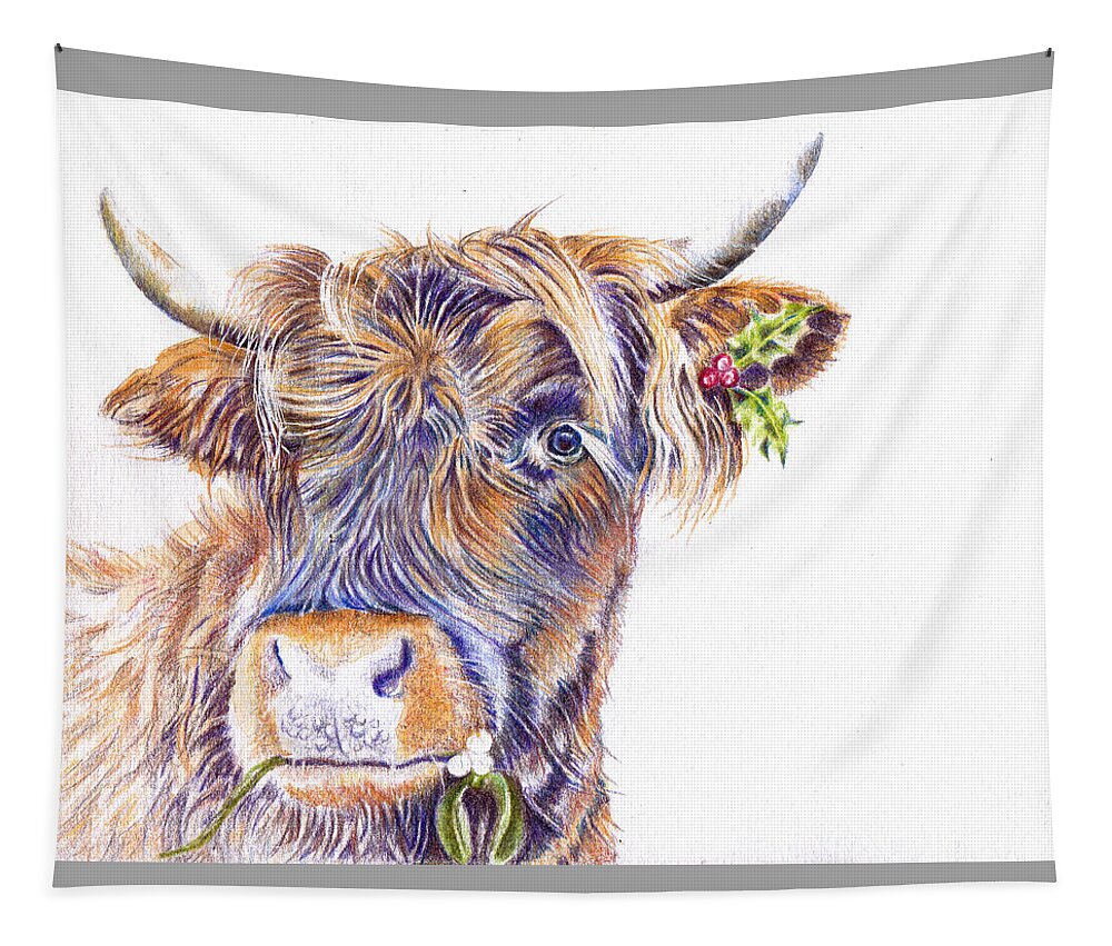 Highland Cattle Tapestry featuring the painting Festive Highland Cow by Debra Hall