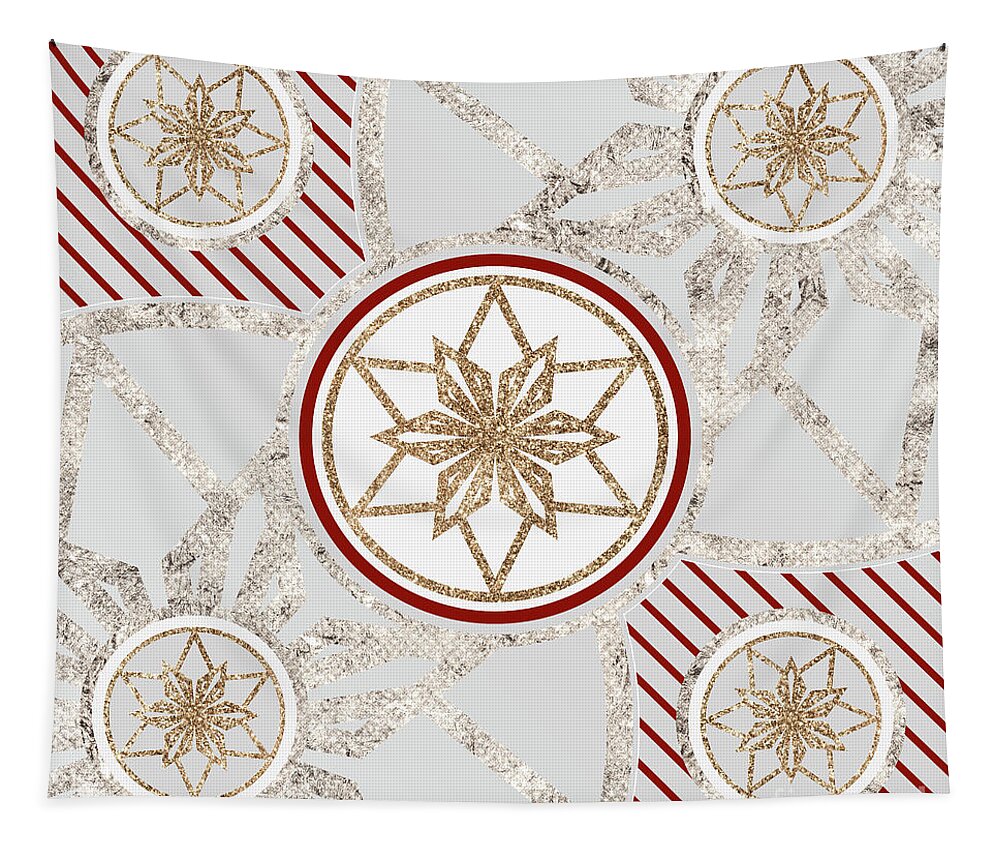 Abstract Tapestry featuring the mixed media Festive Sparkly Geometric Glyph Art in Red Silver and Gold n.0077 by Holy Rock Design
