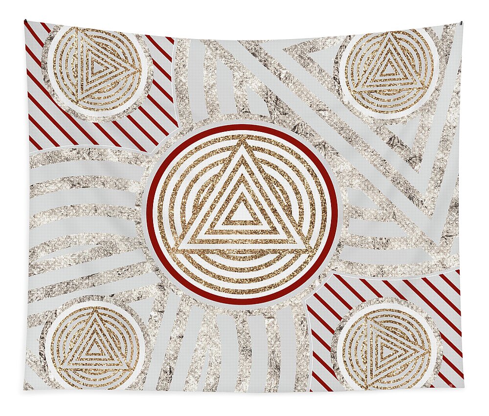 Abstract Tapestry featuring the mixed media Festive Sparkly Geometric Glyph Art in Red Silver and Gold n.0087 by Holy Rock Design