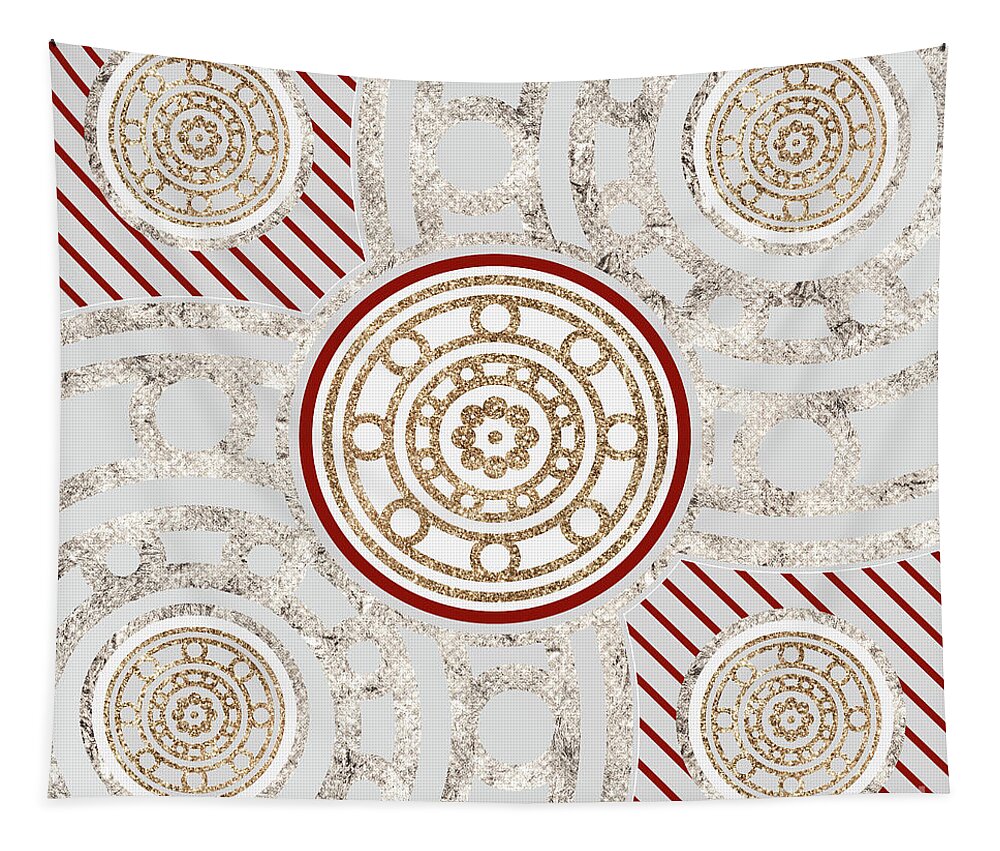 Abstract Tapestry featuring the mixed media Festive Sparkly Geometric Glyph Art in Red Silver and Gold n.0132 by Holy Rock Design