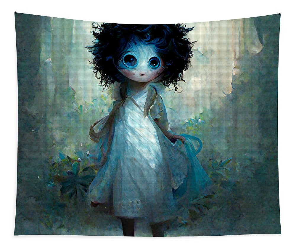 Fey Like Tiny Blue Girl With Wild Hair Large Ey 99c6a162 Eaad 41b4 916a 807f8311c290 By Asar Studios Creativity Tapestry featuring the painting Fey Like Tiny Blue Girl With Wild Hair Large Ey 99c6a162 Eaad 41b4 916a 807f8311c290 B by Celestial Images