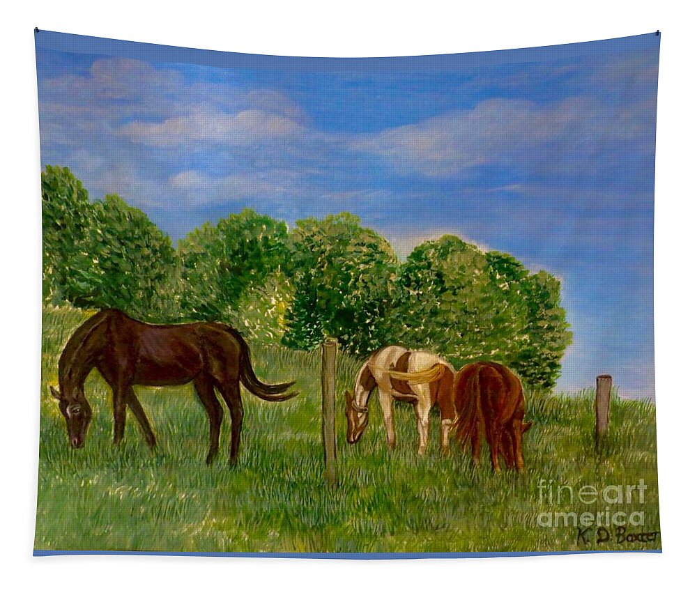 Bright Sunny Grassy Field Grasses Thoroughbred Stallion Horses Blount County Tapestry featuring the painting Field of Horses' Dreams by Kimberlee Baxter