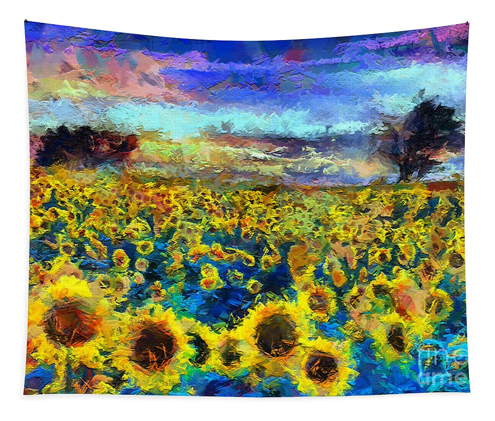 Blue Tapestry featuring the mixed media Field of Sunflowers V1 by Marty's Royal Art