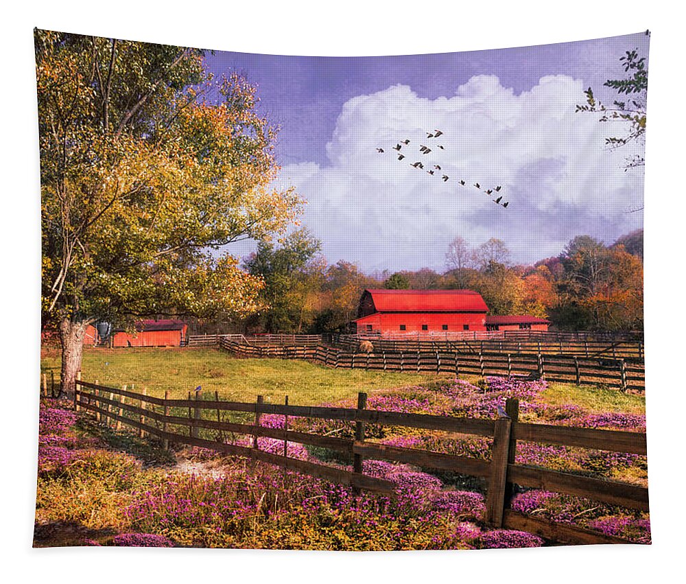 Barns Tapestry featuring the photograph Fields of Lavender at Autumn Sunset by Debra and Dave Vanderlaan