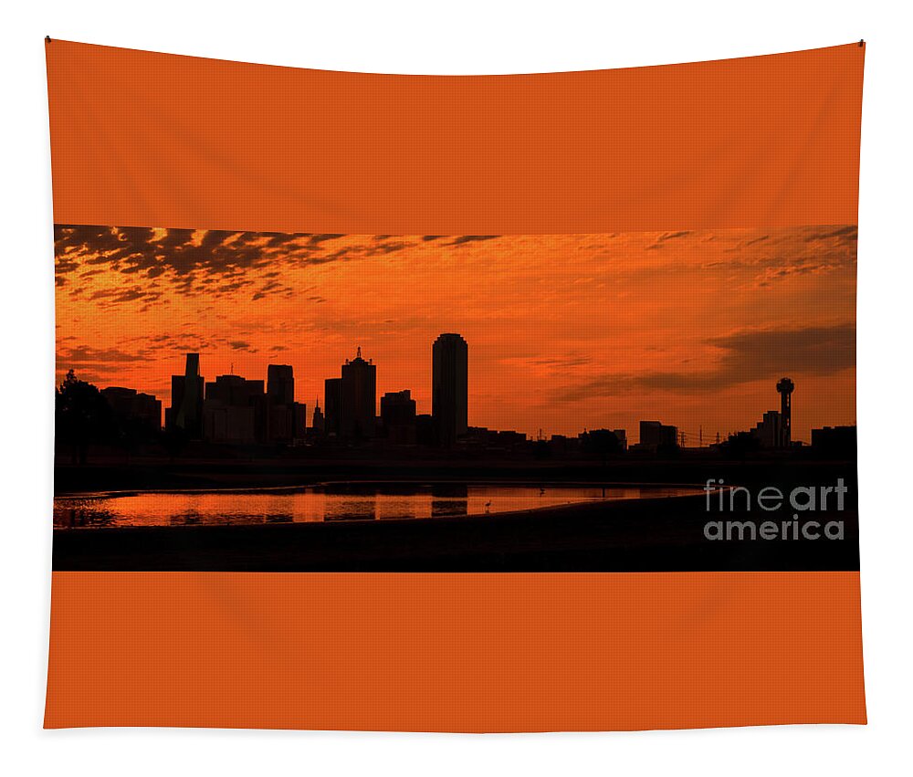 Fiery Dallas Skyline Tapestry featuring the photograph Fiery Dallas Skyline Panorama by Imagery by Charly