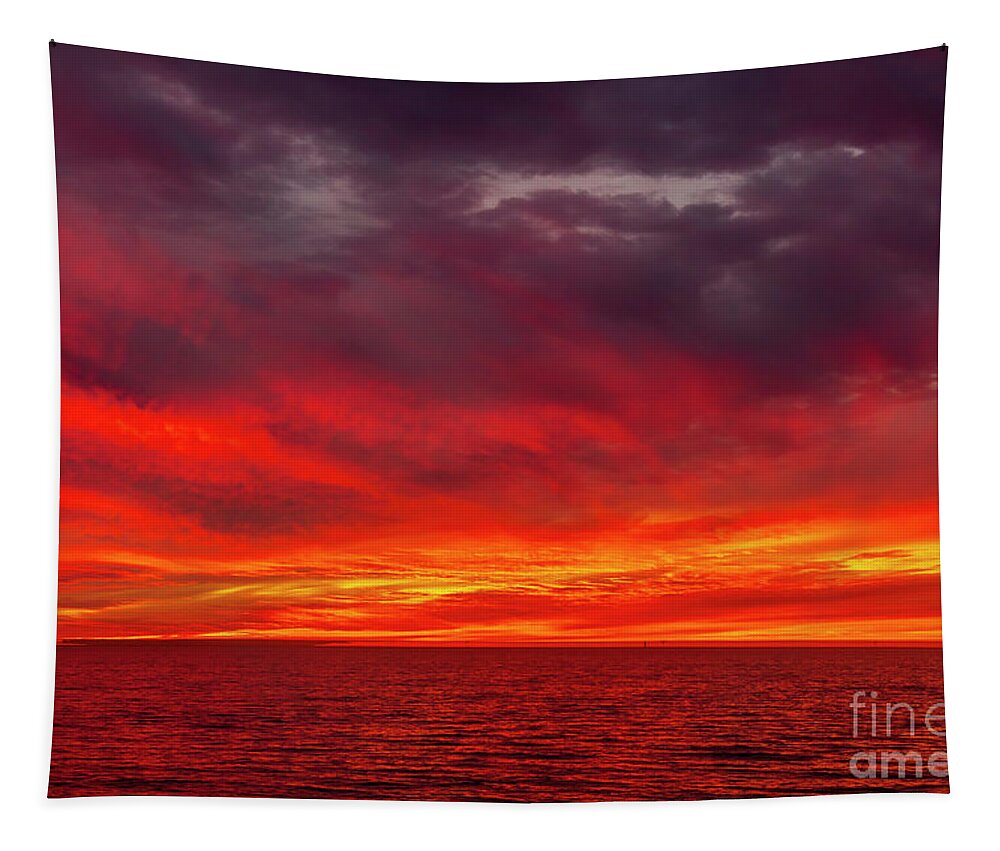 Sunset Tapestry featuring the photograph Fiery Sunset in Oceanside - January 10, 2022 by Rich Cruse