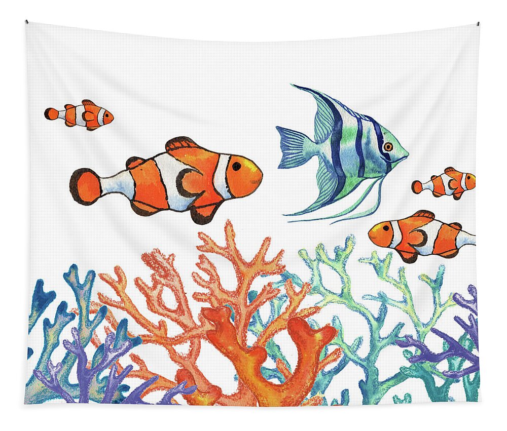 Find Nemo Happy Clownfish and Angel Fish In Corals Watercolor Tapestry by  Irina Sztukowski - Fine Art America
