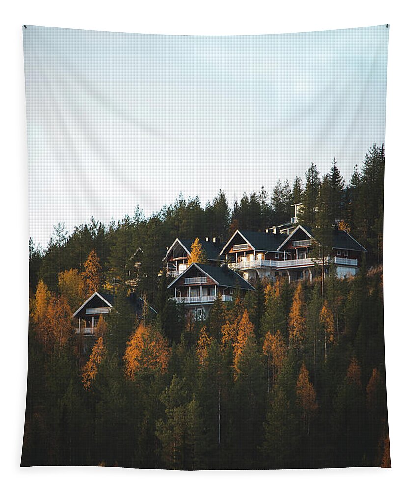 Cottage Tapestry featuring the photograph Finnish cabins in the polar sunset by Vaclav Sonnek