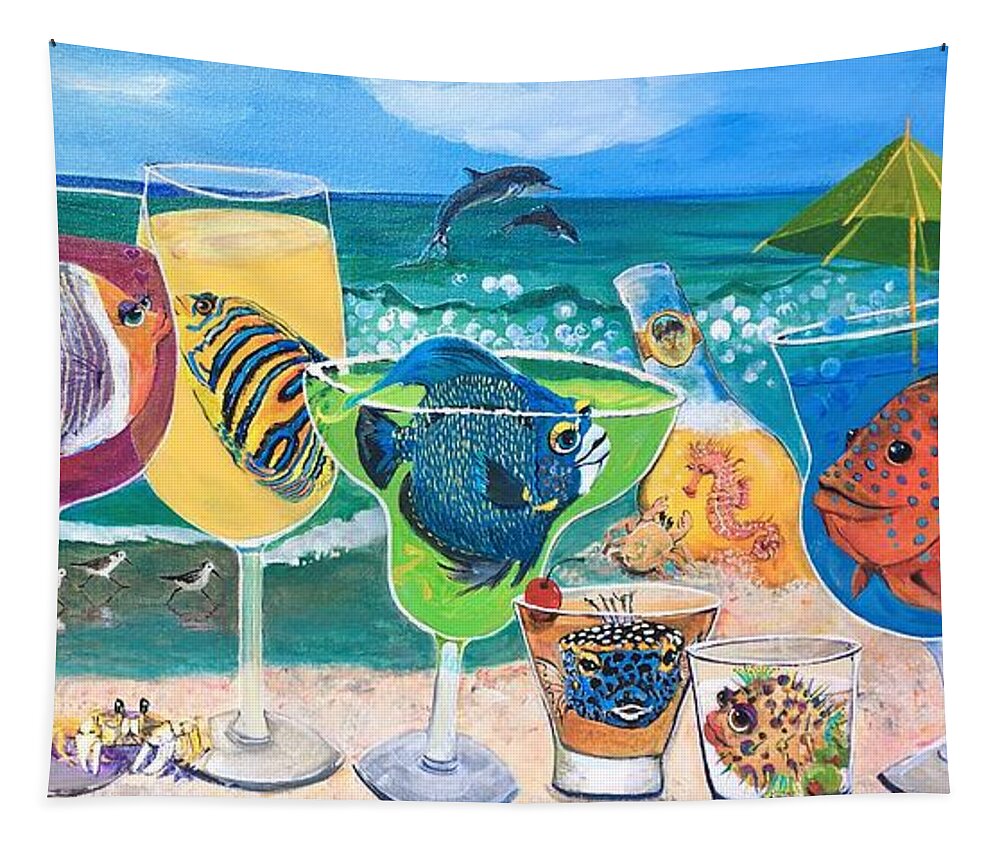 Beach Party Tapestry featuring the painting Fintastic Beach Party by Linda Kegley