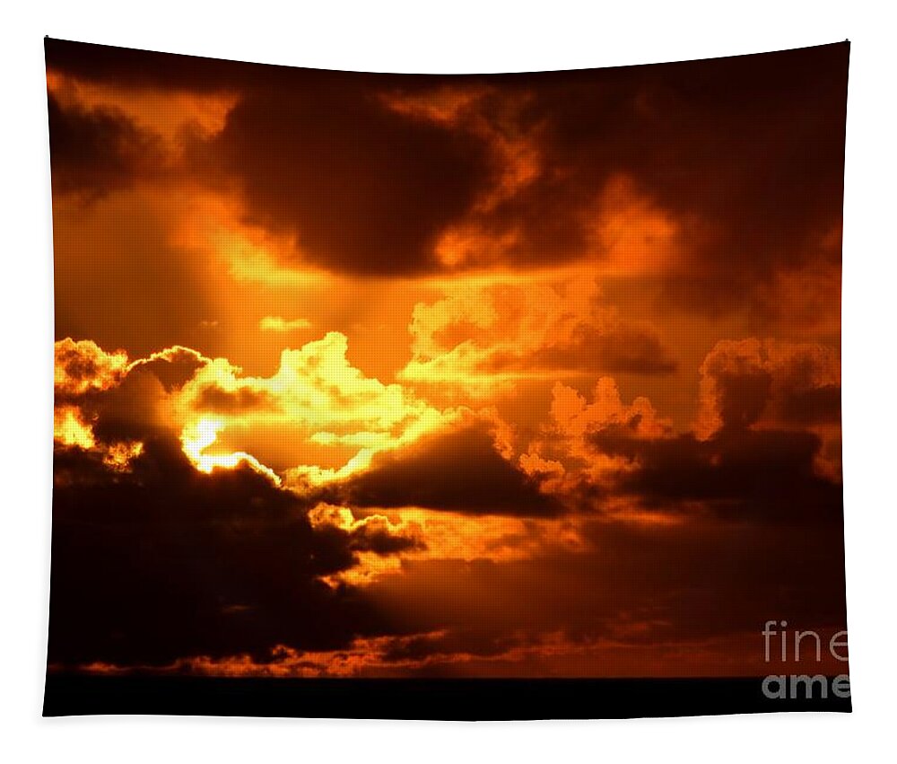 Firey Sunrise Tapestry featuring the photograph Fire Over the Ocean by Mary Deal