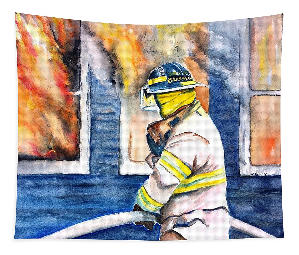 Firefighting Tapestry featuring the painting Firefighter Hero House Fire by Carlin Blahnik CarlinArtWatercolor