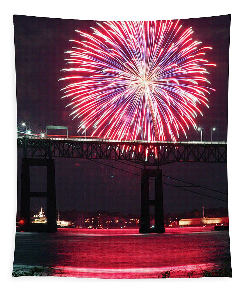 Fireworks Tapestry featuring the photograph Fireworks over the Newport Bridge by Jim Feldman