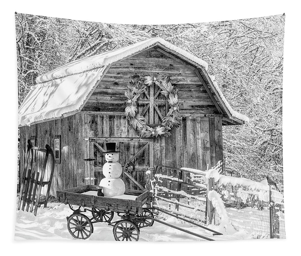 White Tapestry featuring the photograph First Snowman of the Season Black and White by Debra and Dave Vanderlaan