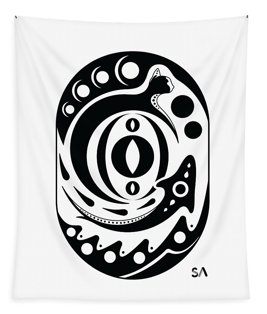 Black And White Tapestry featuring the digital art Fish Cat by Silvio Ary Cavalcante