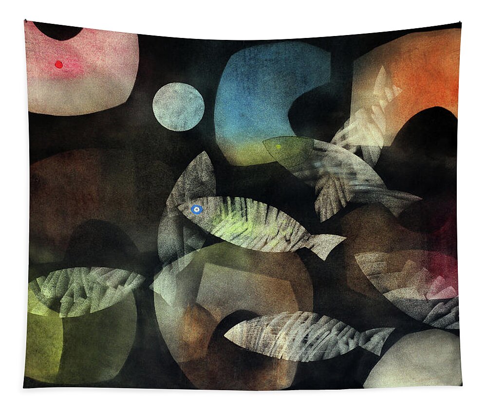 Abstract Tapestry featuring the painting Fish Moon by Winston Saoli 1950-1995