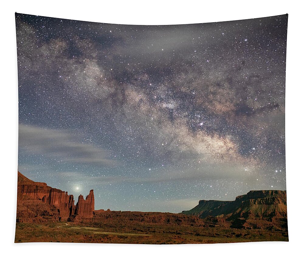 Moab Utah Desert Colorado Plateau Milky Way Night Professor Valley Castle Valley Tapestry featuring the photograph Fisher Towers and the Milky Way by Dan Norris