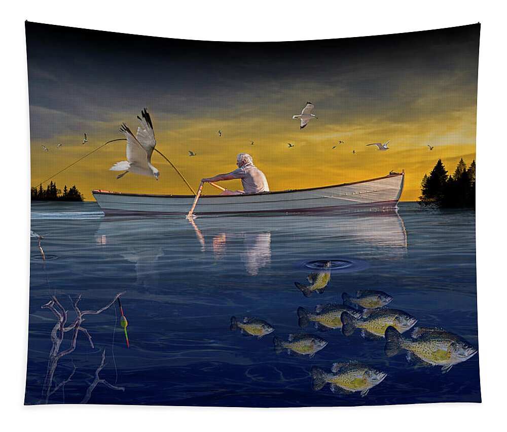 Fishing Tapestry featuring the photograph Fisherman Trolling in a Row Boat with Flying Gulls and School o by Randall Nyhof