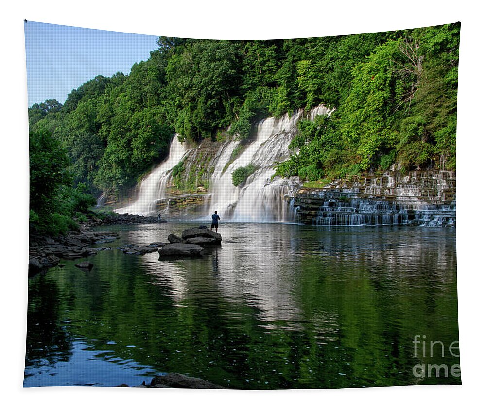 Rock Island State Park. Twin Falls Tapestry featuring the photograph Fishing At Twin Falls by Phil Perkins