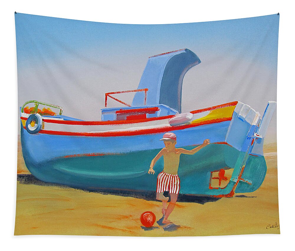 Boy Tapestry featuring the painting Fishing Boat Tavira with Soccer by Charles Stuart