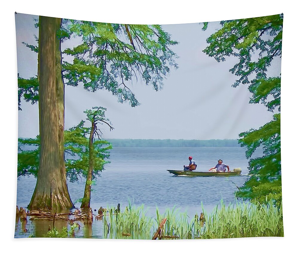 Lake Tapestry featuring the digital art Fishing on the Lake by Bonnie Willis