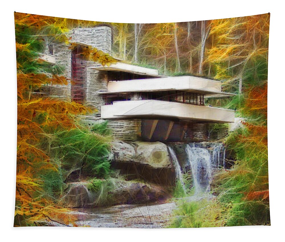 Frank Lloyd Wright Tapestry featuring the digital art House On The Waterfall - Square Version by Studio B Prints
