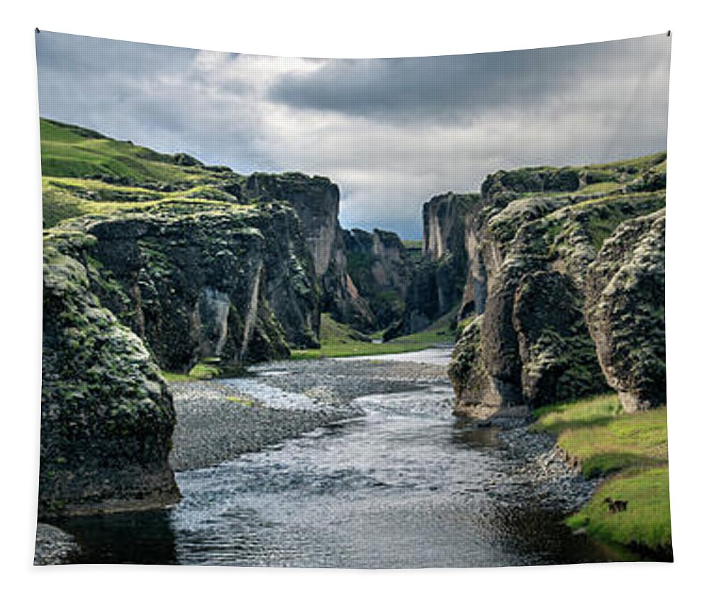 Iceland Tapestry featuring the photograph Fjadrargljufur canyon panorama, Iceland by Delphimages Photo Creations
