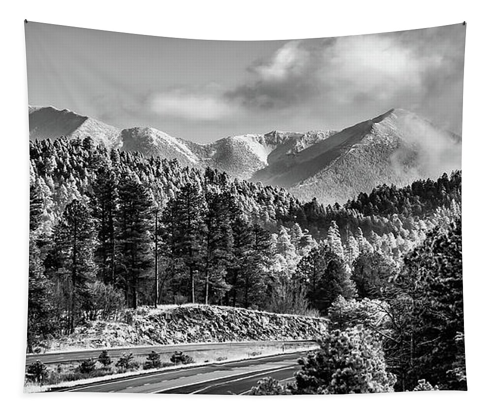 Flagstaff Arizona Tapestry featuring the photograph Flagstaff Arizona Snowy Elden Mountain Peak Monochrome Panorama by Gregory Ballos