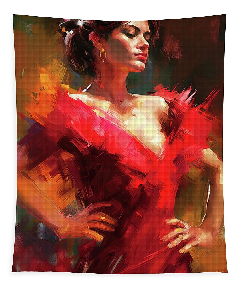 Flamenco Tapestry featuring the painting Flamenco Dancer, 17 by AM FineArtPrints