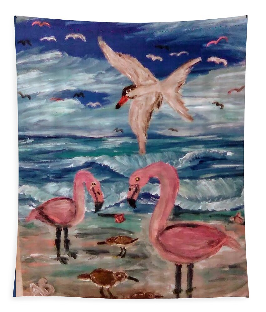 Flamingos Tapestry featuring the painting Flamingo Beach by Andrew Blitman