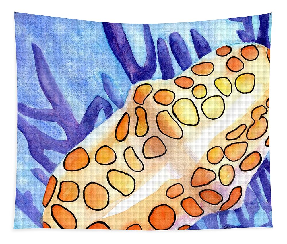 Seashell Tapestry featuring the painting Flamingo Tongue Snail Shell by Carlin Blahnik CarlinArtWatercolor
