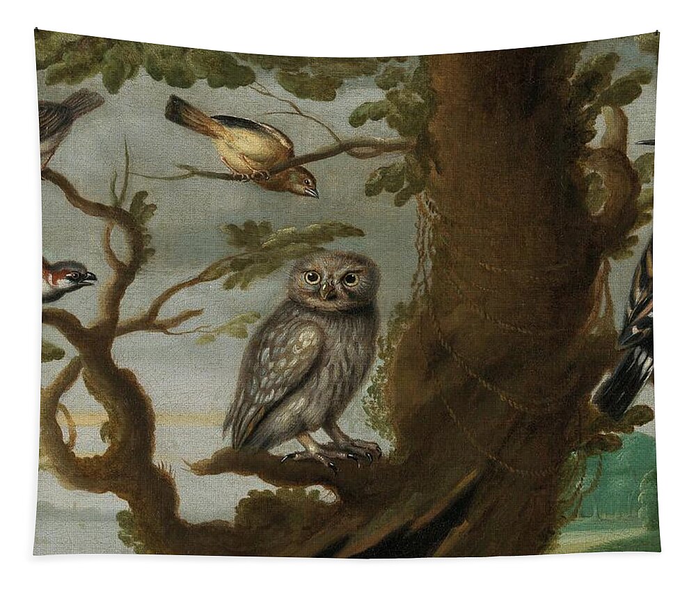 Travel Tapestry featuring the painting Flemish School Century An owl and a hoopoe and other birds in a tree by MotionAge Designs
