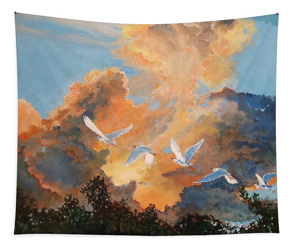 Egrets Tapestry featuring the painting Flight before the storm by Merana Cadorette