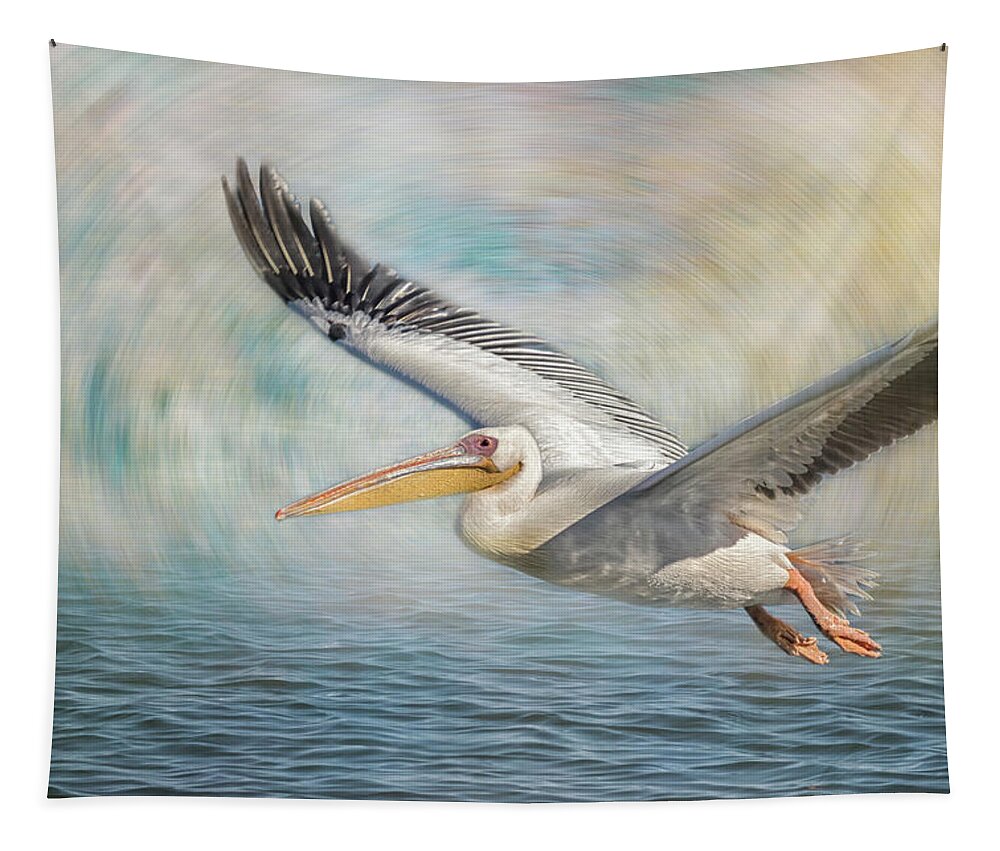 Great White Pelican Tapestry featuring the photograph Flight of a Great White Pelican by Belinda Greb