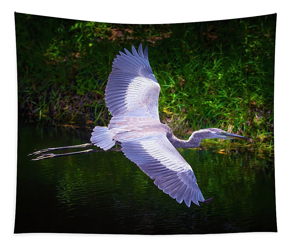 Great Blue Heron Tapestry featuring the photograph Flight of the Great Heron by Mark Andrew Thomas