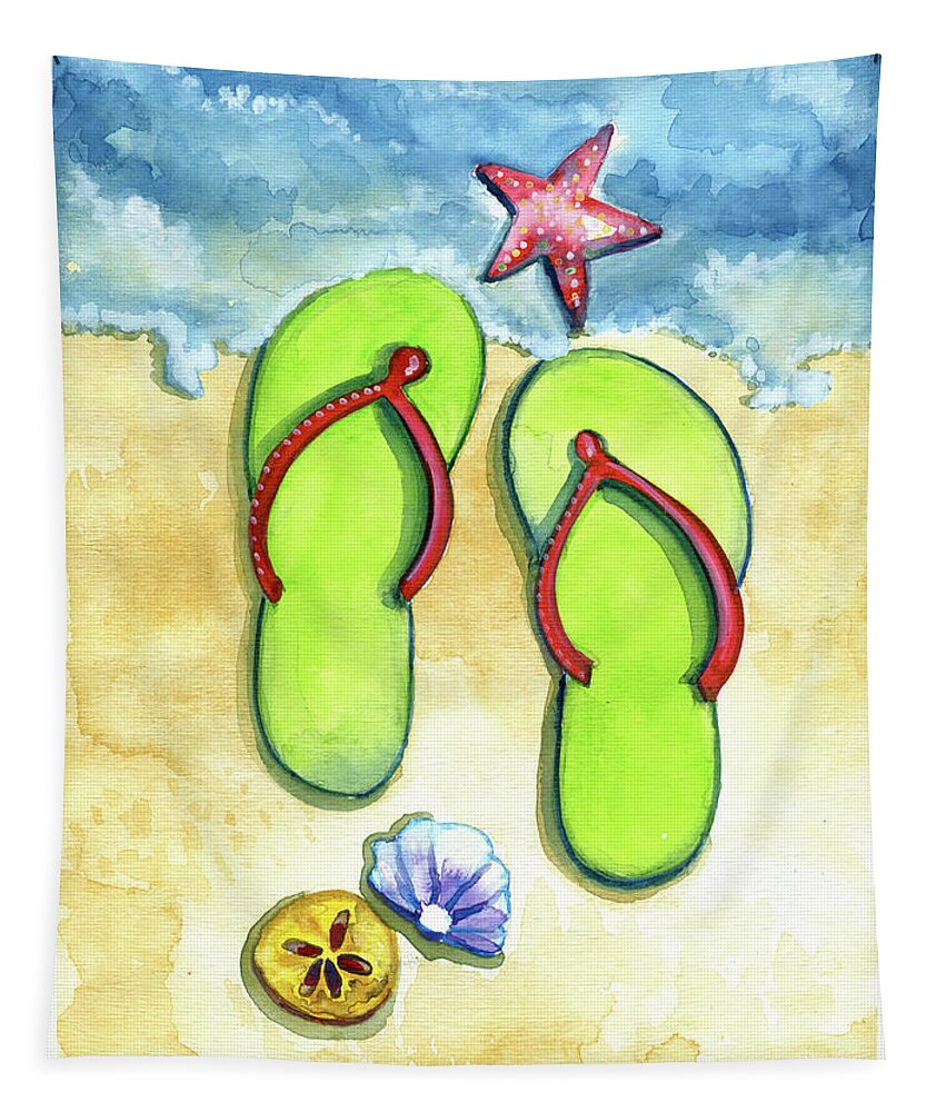 Walking On The Beach Tapestry featuring the painting Flip Flops on the Beach by Michele Fritz