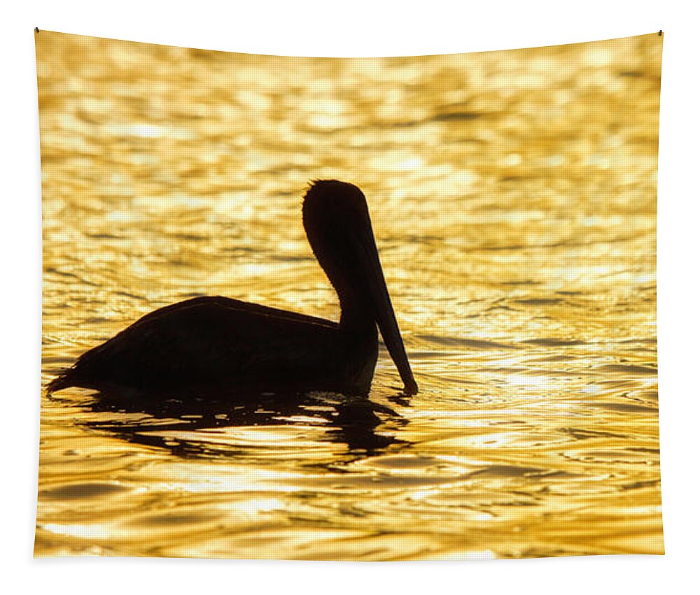 Pelican Tapestry featuring the photograph Floating in gold by Tatiana Travelways