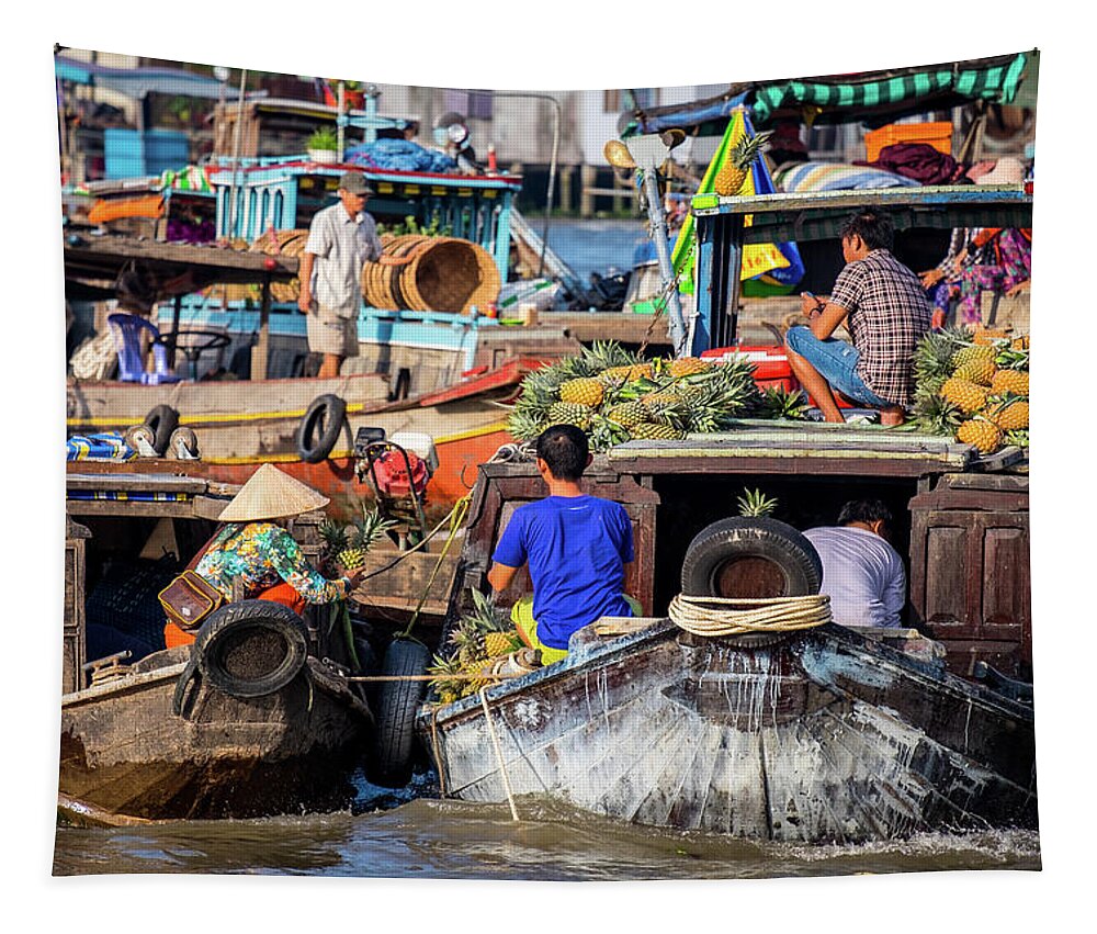 Cai Rang Tapestry featuring the photograph Floating Market Scene by Arj Munoz