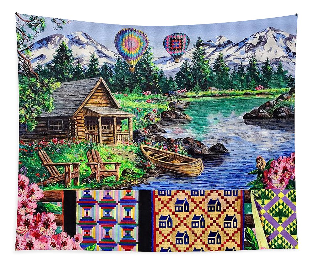 Quilts Tapestry featuring the painting Floating Over Sisters by Diane Phalen