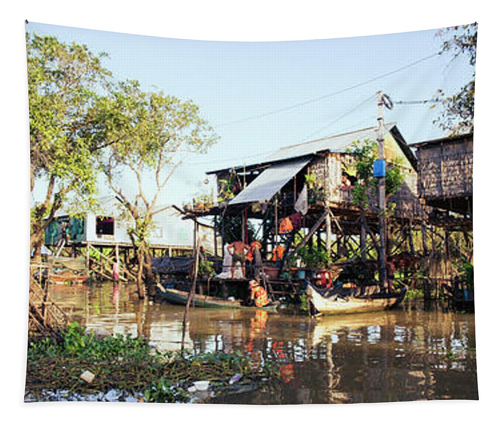 Panoramic Tapestry featuring the photograph Floating Villages of the Tonle Sap Lake in Cambodia by Sonny Ryse