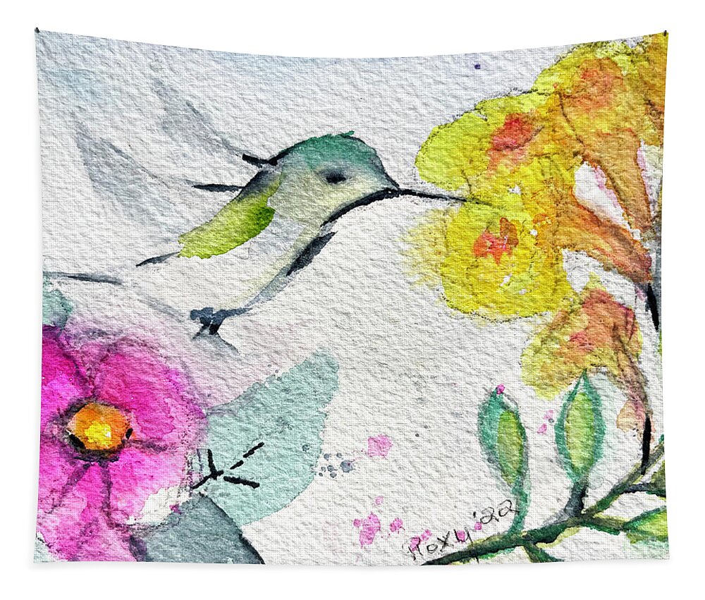 Hummingbird Tapestry featuring the painting Floaty Hummingbird 3 by Roxy Rich