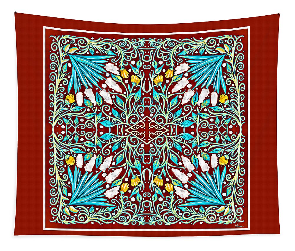 Turquoise Leaves Tapestry featuring the mixed media Floral Design in Turquoise, Yellow and Red by Lise Winne