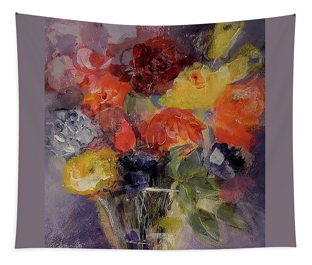 Smokey Tapestry featuring the painting Floral Of Red and Yellow on Smokey Plum by Lisa Kaiser