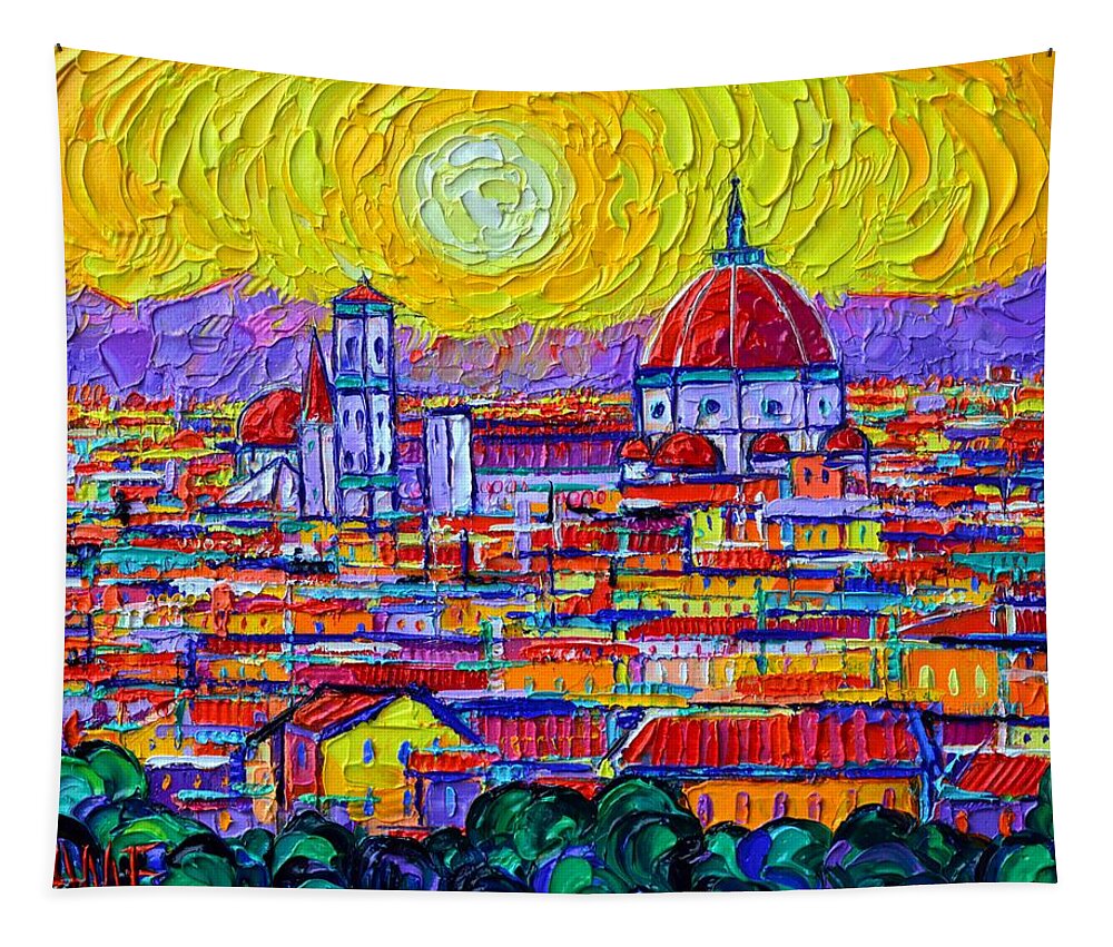 Abstract Cityscape Tapestry featuring the painting FLORENCE SUNSET OVER DUOMO FROM PIAZZALE MICHELANGELO abstract cityscape painting Ana Maria Edulescu by Ana Maria Edulescu